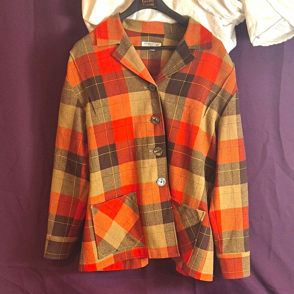 Vintage Pendleton 49'er Plus 1X Blazer Jacket Wool Orange Brown Plaid Made USA